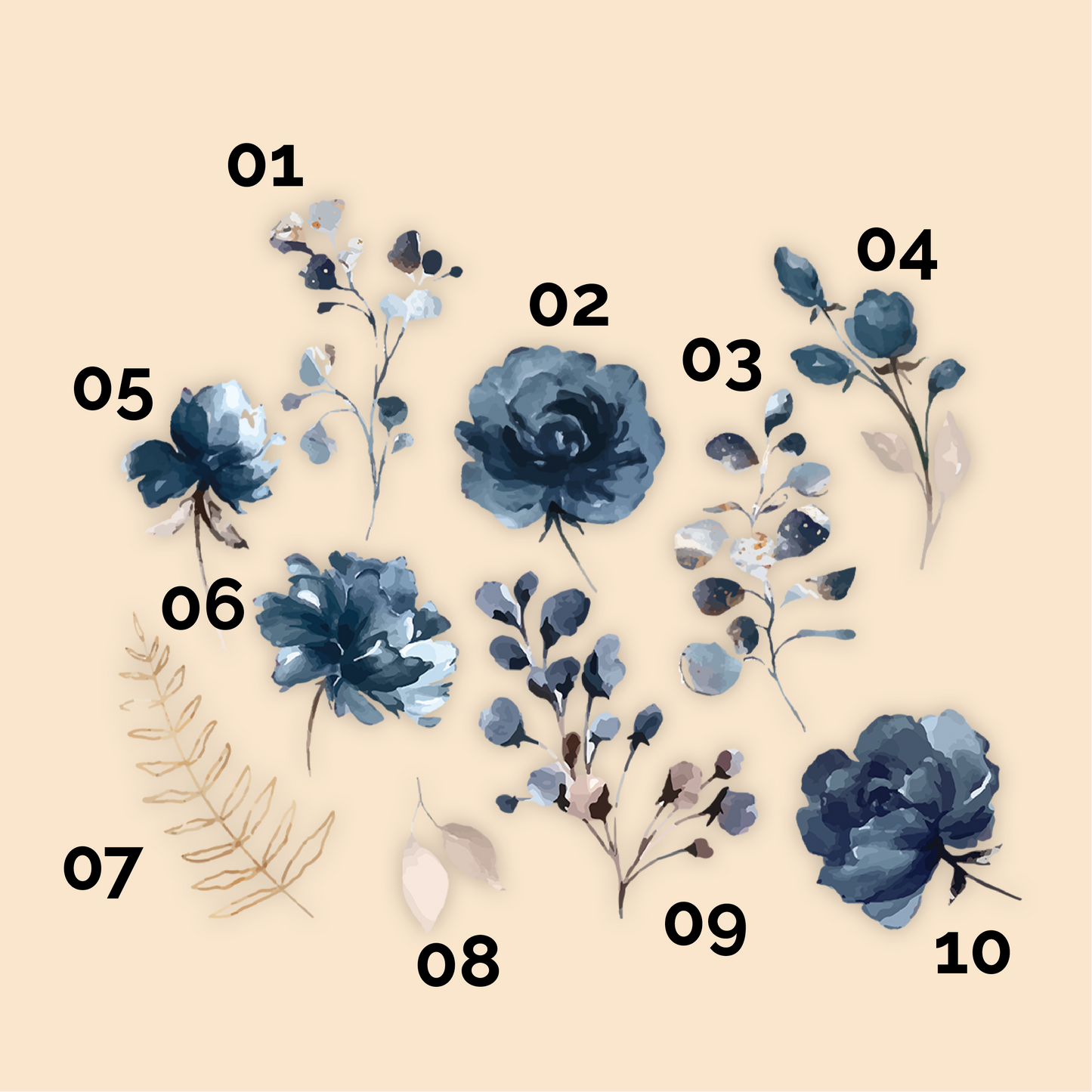 Blue and Gold Watercolor Flowers