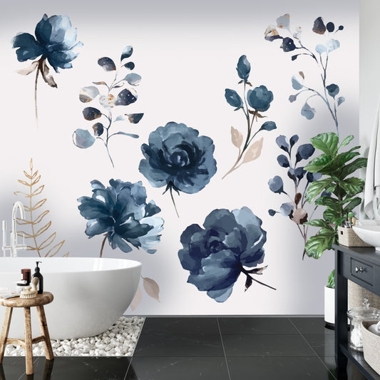 Blue and Gold Watercolor Flowers