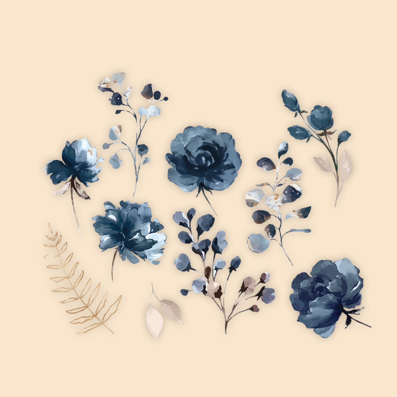 Blue and Gold Watercolor Flowers